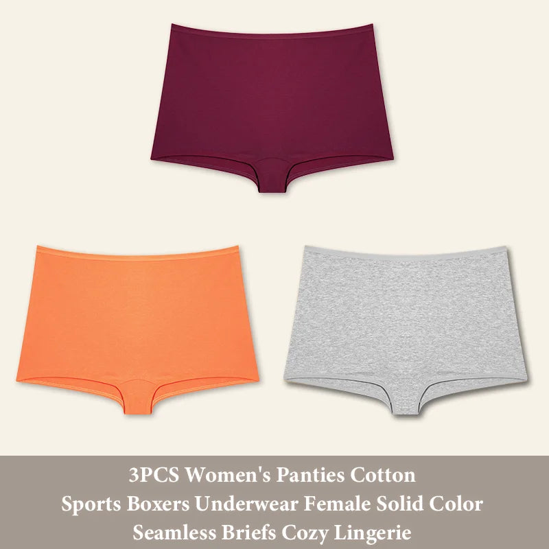 3PCS Women's  Cotton Seamless Panties Sports Boxers Underwear Female Solid Color Briefs Cozy Lingerie Intimate Underpants XS-XL