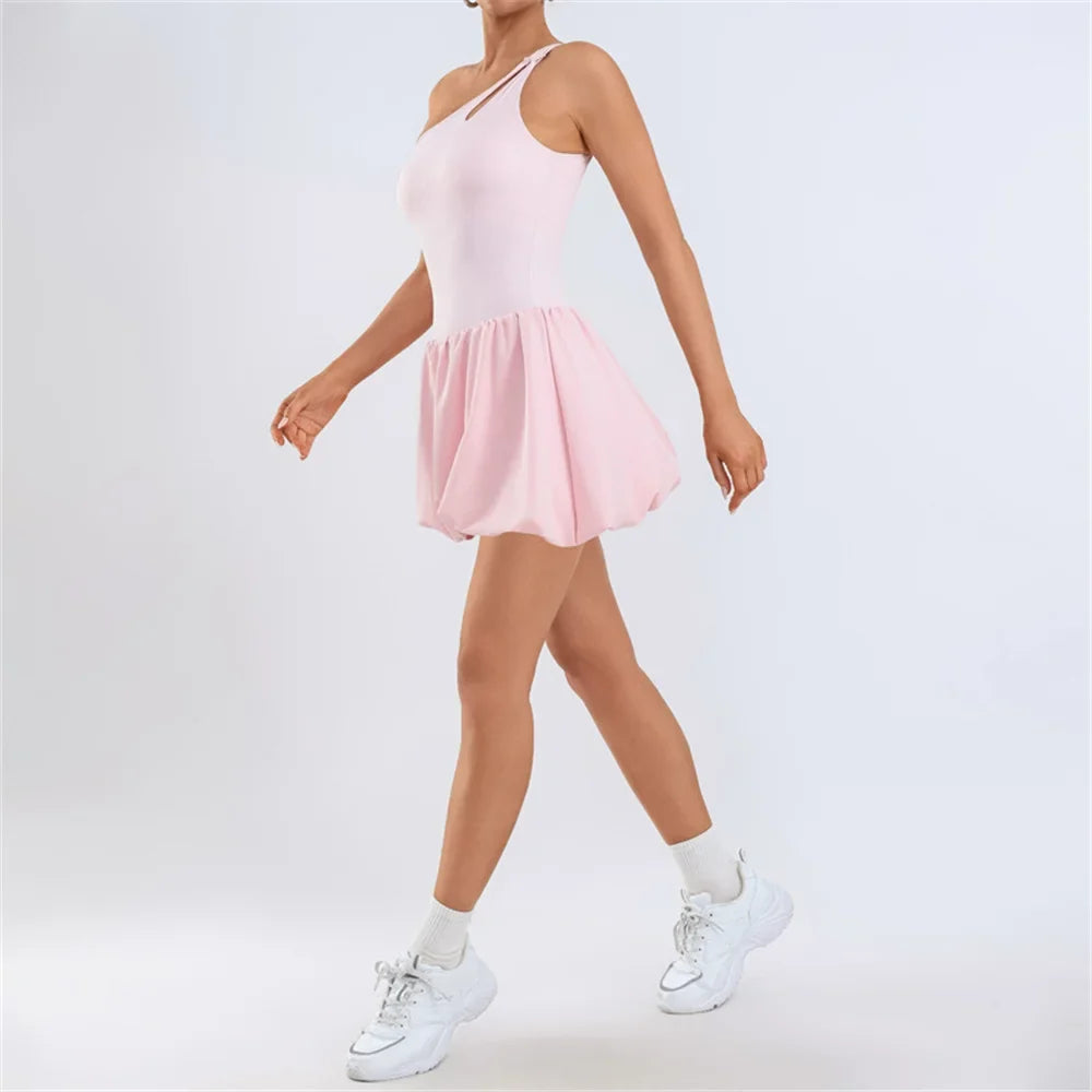 Pad Womens One Shoulder Strap Yoga Set Tennis Dress Built-in Bra Anti Shorts Athletic Golf Workout Dress Skorts  XP168