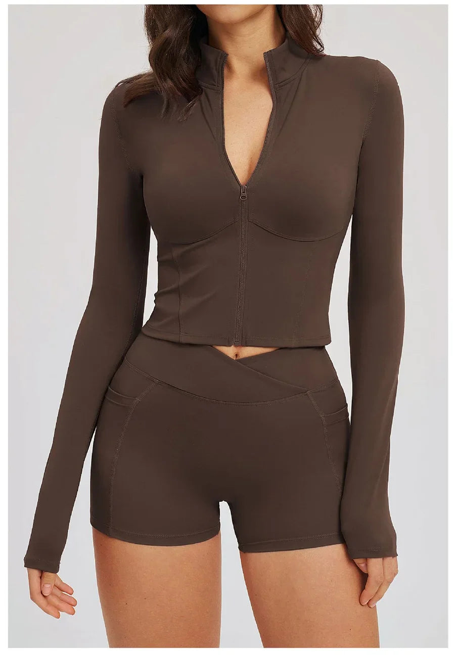 Yoga Suit Women Tracksuit Long-sleeved Jacket Shorts Suit Outfit Gym 2PCS Set Fitness Running Workout Clothes Push Up Sportswear