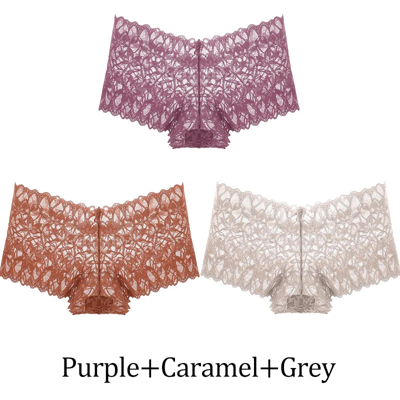 3Pcs Women Lace Boyshort Panties Low-Rise Sexy Underwear Trendy Floral Underpants Female Sexy Boyshort Panties Ladies Lingerie