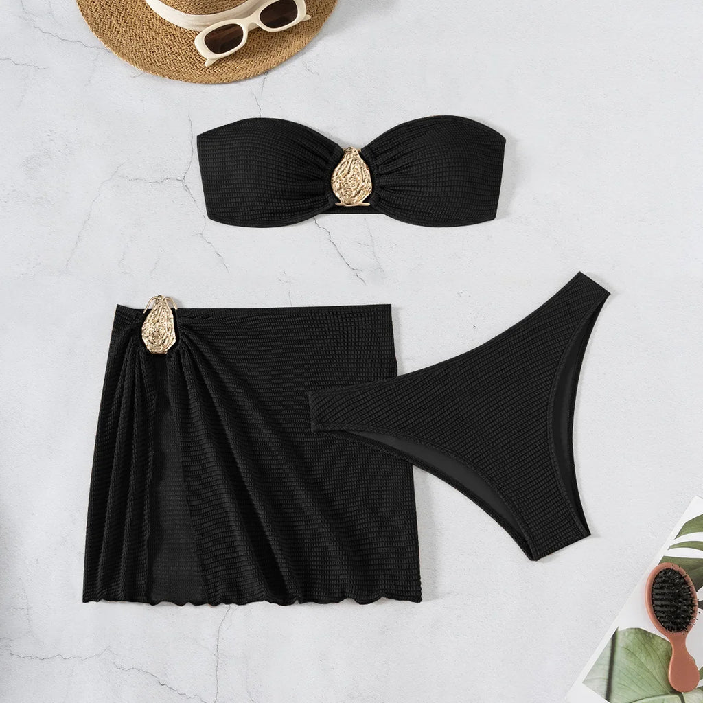 Sexy Bandeau Bikini Women Coffee Metal Water Droplet Ornament Push Up Mesh Skirt 3 Piece Swimsuit Beach Bathing Suit Swimwear