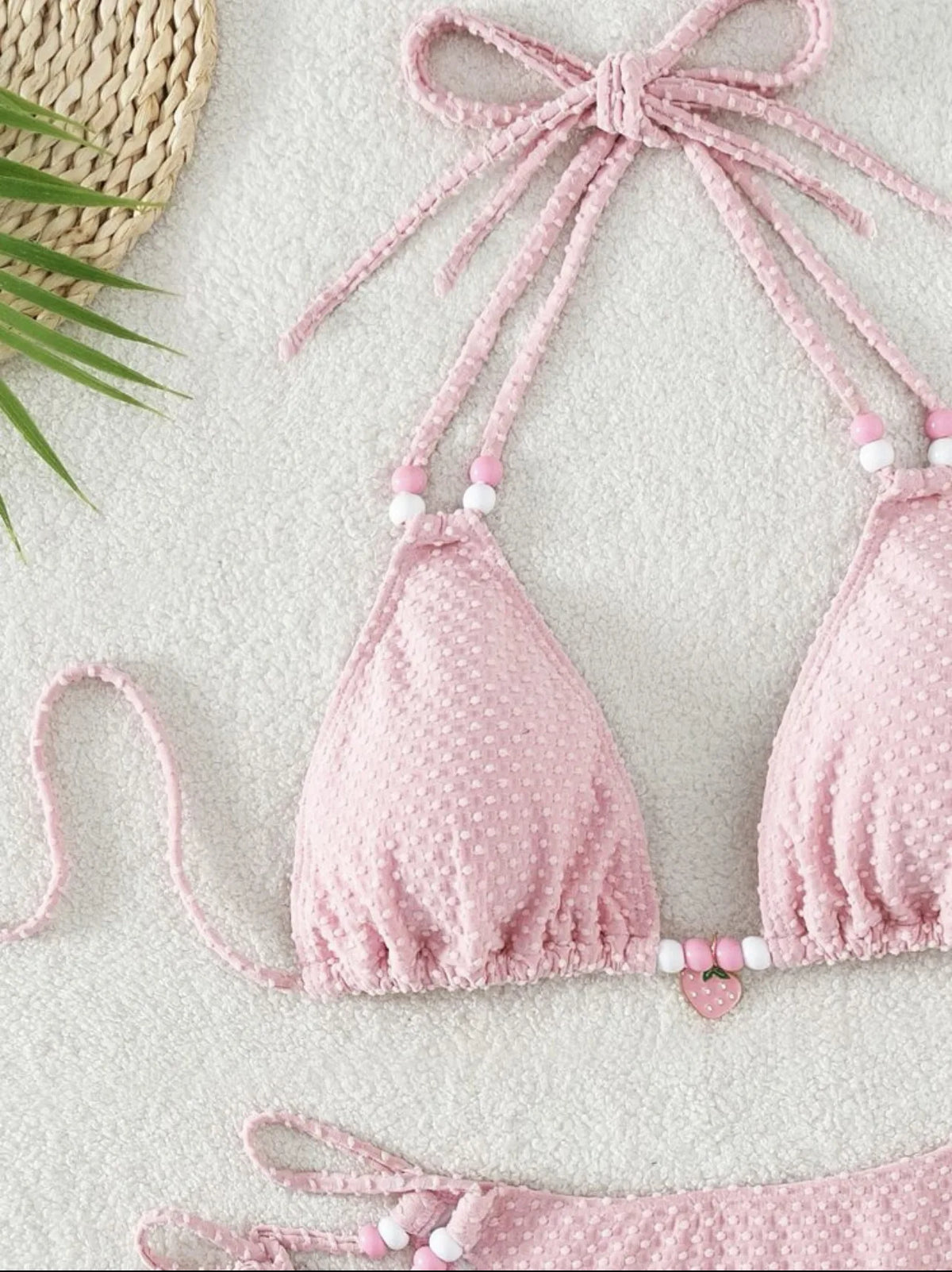 Sexy Pink Bikini 2024 Swimsuit Women White Pearl Strap Push Up Micro Swimwear Brazilian Bathing Suit Tie Side Thong Bikinis Sets