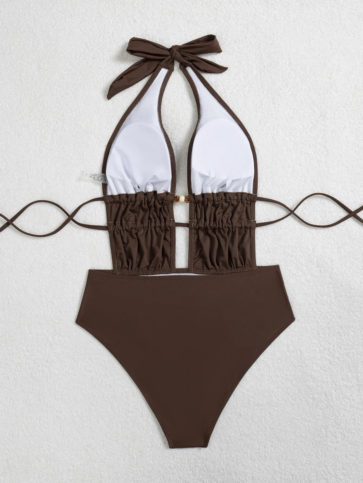 Sexy Brown Hollow Out Backless Swimwear Women 2026 Pearls Pleate Bandage One Piece Swimsuit Beach Bathing Suit Holiday Bikini