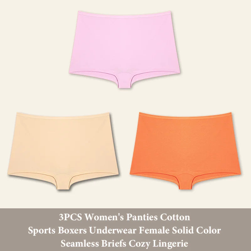 3PCS Women's  Cotton Seamless Panties Sports Boxers Underwear Female Solid Color Briefs Cozy Lingerie Intimate Underpants XS-XL