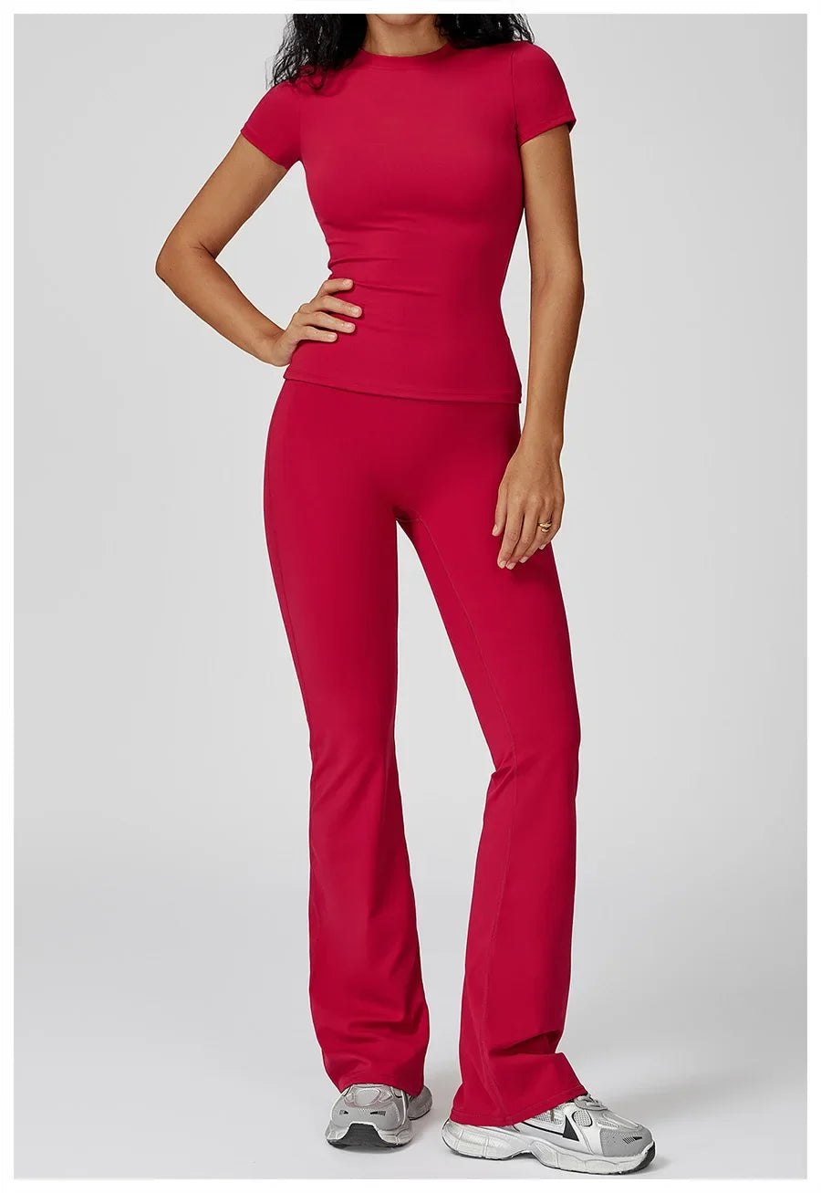 New Yoga Set Two Piece Women Short Sleeve Top with High Waist Leggings Seamless Workout Clothes Patchwork Sport Fitness Gym Sets