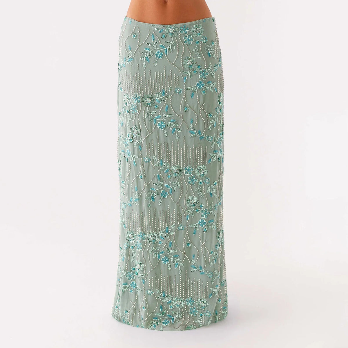 Elegant Beading Sequined Long Skirt for Women Summer Casual Floral Embroidery Maxi Straight Skirts for Beach Club Streetwear