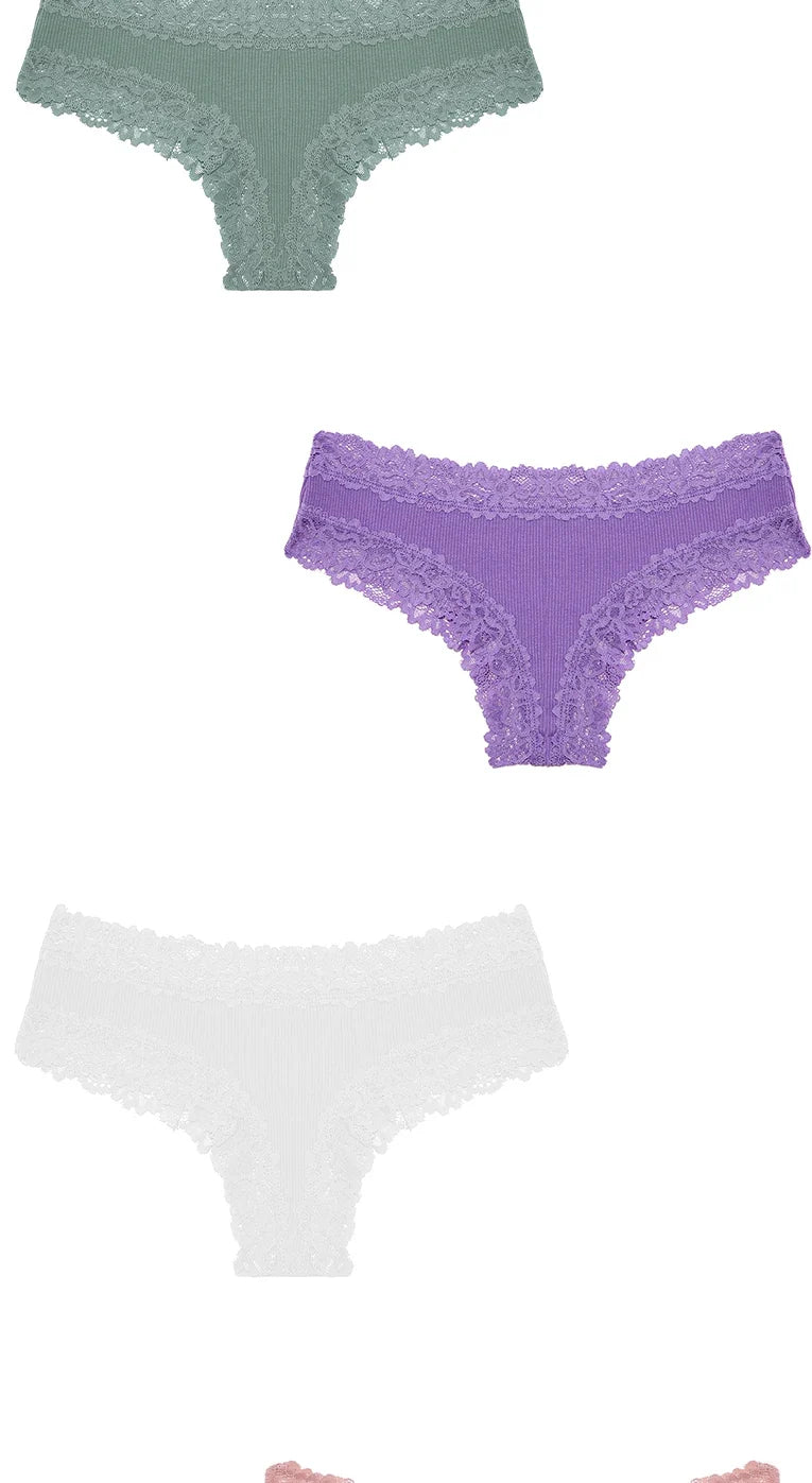 3Pcs Sexy Women Cotton Brazilian Pants Lace Brazilian Briefs Low Waist Floral Solid Color G-string Breathable Soft Lingerie
