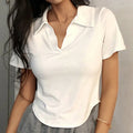 Summer Short Sleeve Lapel Top Women'S Solid V-Neck Pullovers Retro Sweet Shirts Hot Girl Crop Top Female Slim Versatile Tee