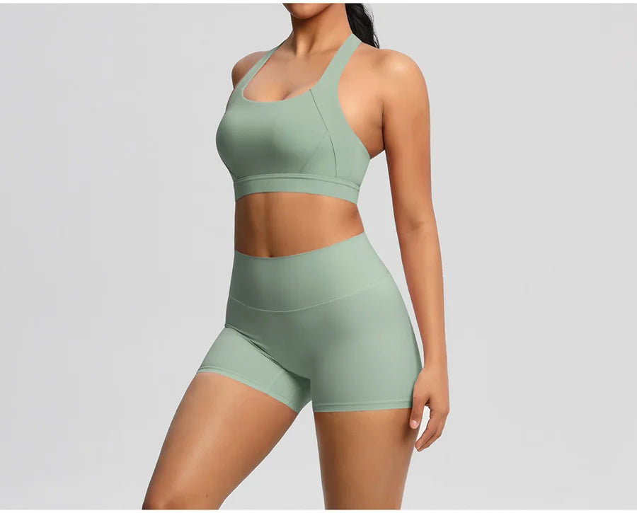 2PCS Yoga Set Women Gym Sports Suits Fitness Bra Crop Top Workout Clothes Female Athletic Wear Push Up Shorts Sportswear