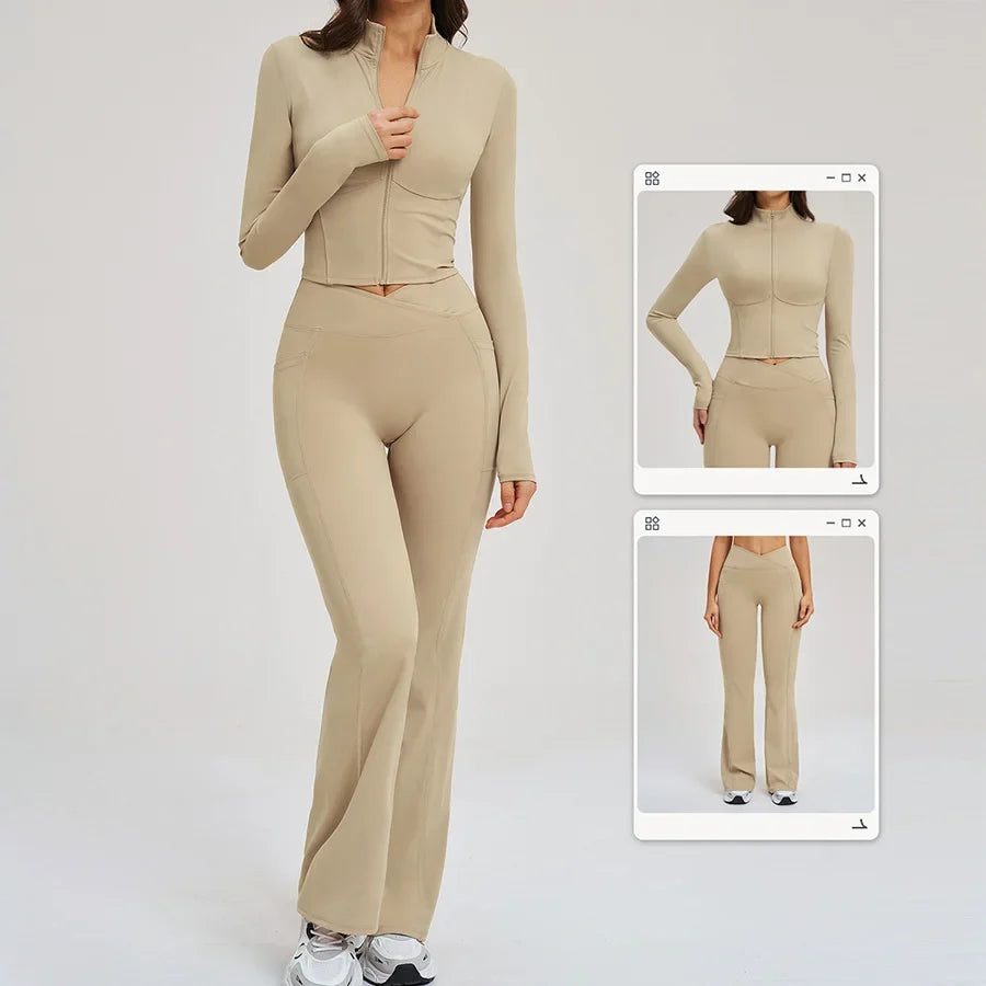 2PCS Yoga Set Gym Clothes Sportswear Seamless Women Fitness Long Sleeved Tracksuits Sports Workout Gym Flared Leggings Athletic