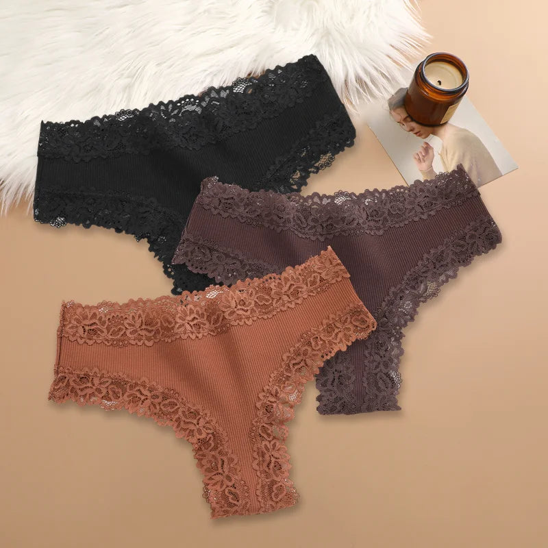3Pcs Women Cotton Brazilian Pants Sexy Lace Brazilian Briefs Low Waist Floral Solid Color G-string Breathable Soft Lingerie