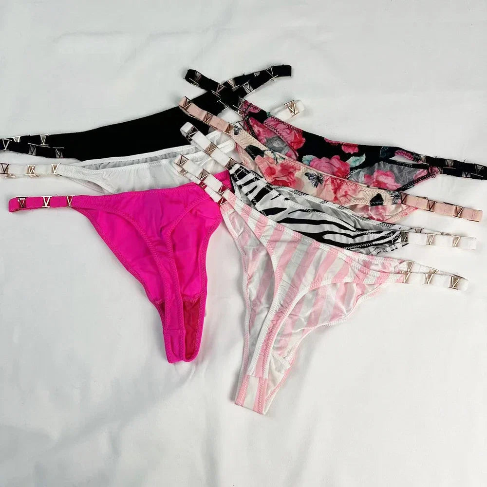 Low Rise Sexy Thong Women Underwear Briefs Seamless Panties Zebra Flower Luxury Metal Buckle G String Bikini Girls Female Panty