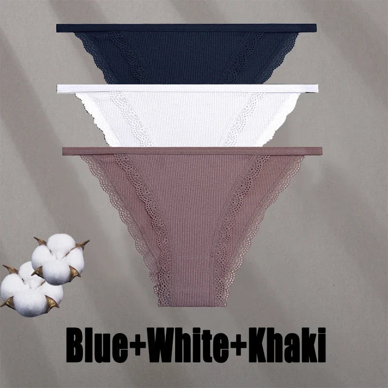 3PCS Women‘s Cotton Lace Panties Low Waist Briefs Comfortable Underwear Ladies Solid Color Underpants Girls Breathable Panty New