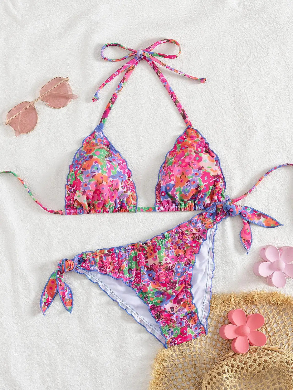 Cute Orange Floral Print Bikini Set Women Halter Ruffles Push Up Tie Side Thong Swimsuit 2026 Summer Bathing Suit Micro Swimwear