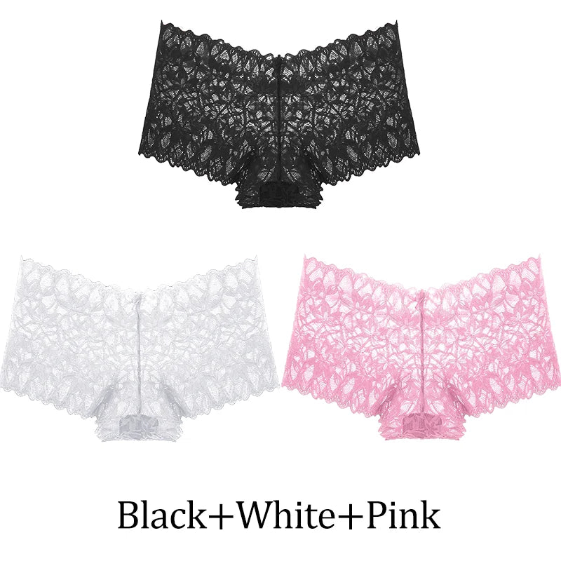 3Pcs Women Lace Boyshort Panties Low-Rise Sexy Underwear Trendy Floral Underpants Female Sexy Boyshort Panties Ladies Lingerie