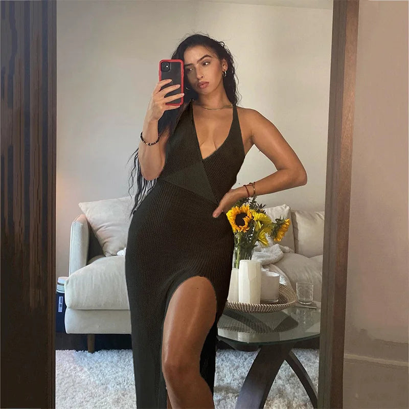 2023 New Crochet Beach Maxi Dress for Women See Through Sexy Bikini Plunge Backless Bandage Sleeveless Lacing Split Long Dresses