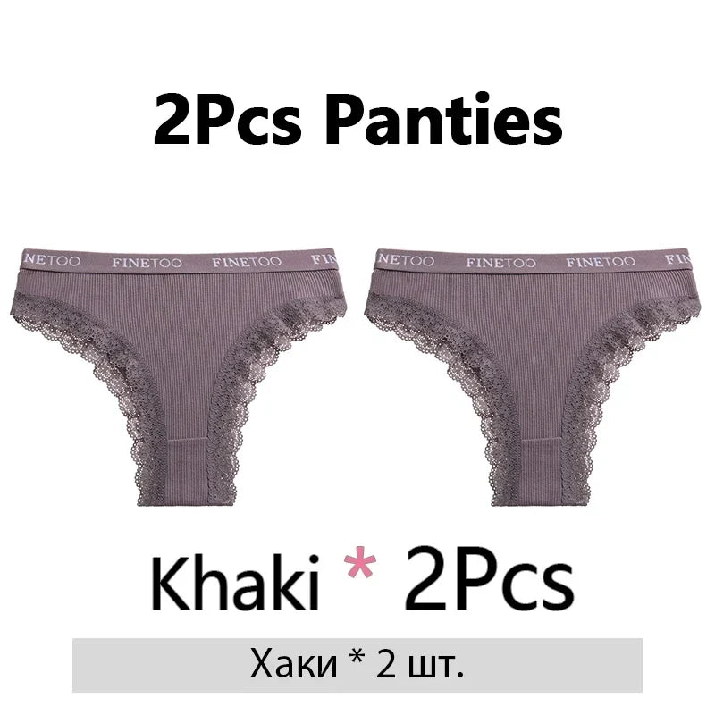 FINETOO 2Pcs/Set Women Cotton Brazilian Panties Plus Size M-2XL Lingerie Sexy Lace Underwear Low Rise Girls Intimates Underpants