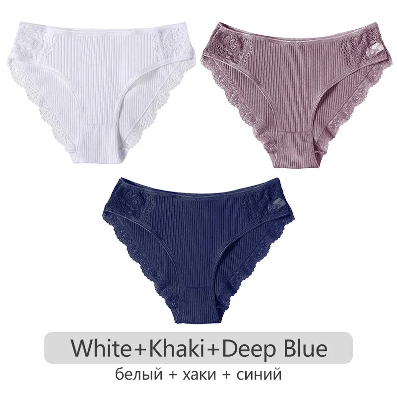 3Pcs/set Women's Cotton Panties M-2XL Trendy Patchwork Lace Underwear Female Low Waist Briefs Ladies Comfortable Underpants 2023
