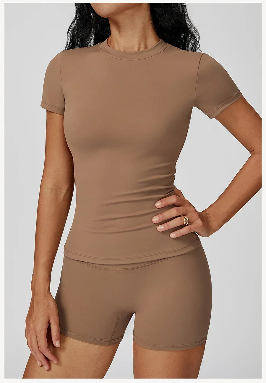 New Yoga Set Two Piece Women Short Sleeve Top with High Waist Leggings Seamless Workout Clothes Patchwork Sport Fitness Gym Sets
