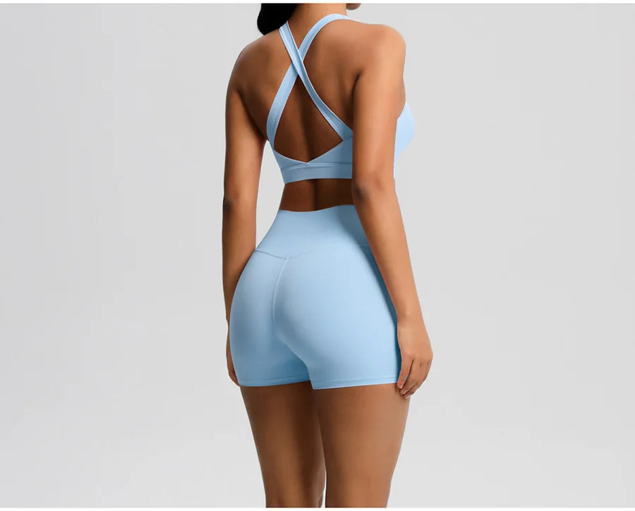 2PCS Yoga Set Women Gym Sports Suits Fitness Bra Crop Top Workout Clothes Female Athletic Wear Push Up Shorts Sportswear