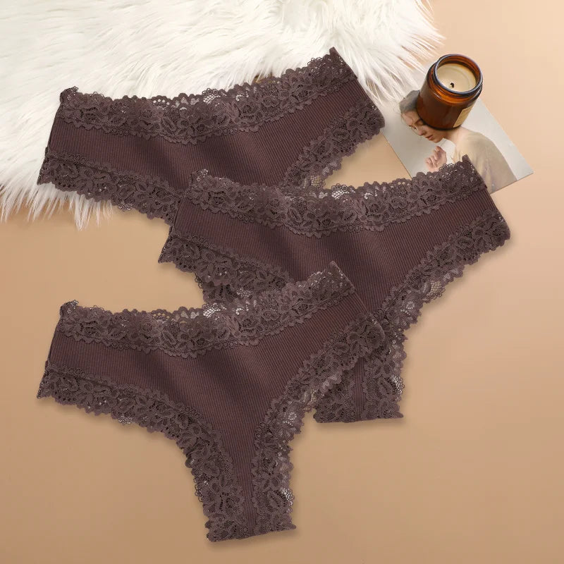 3Pcs Sexy Women Cotton Brazilian Pants Lace Brazilian Briefs Low Waist Floral Solid Color G-string Breathable Soft Lingerie