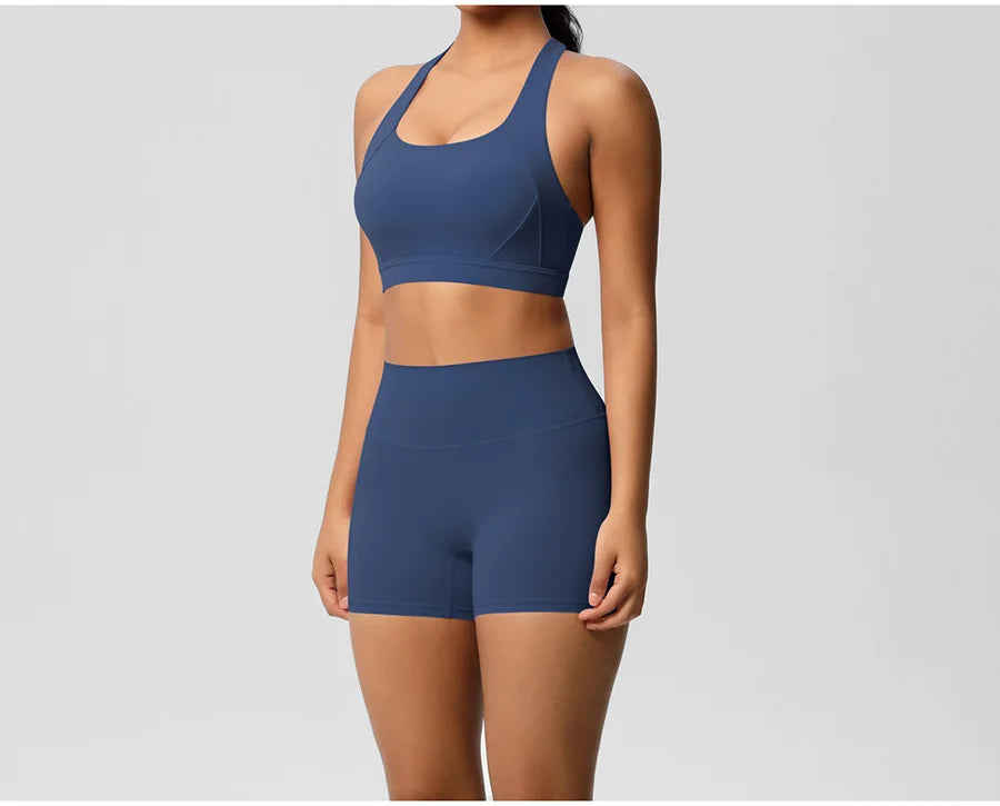 2PCS Yoga Set Women Gym Sports Suits Fitness Bra Crop Top Workout Clothes Female Athletic Wear Push Up Shorts Sportswear