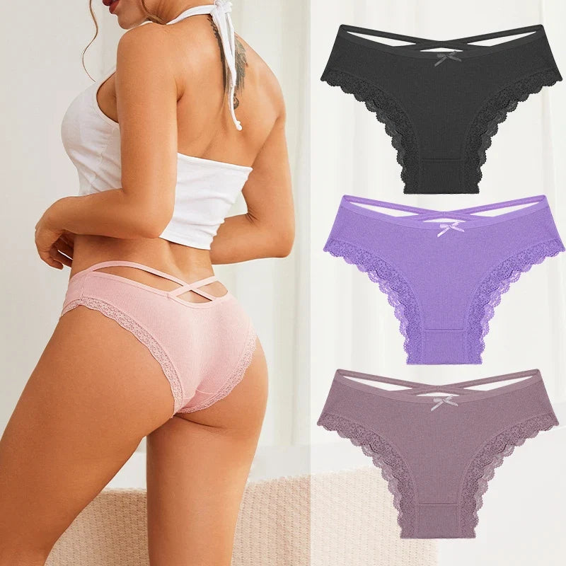 3PCS/Set Women Cotton Panties Low Waist Sexy Lace Brazilian Briefs Female Cross Webbing Underpants Soft Breathable Lingerie S-XL
