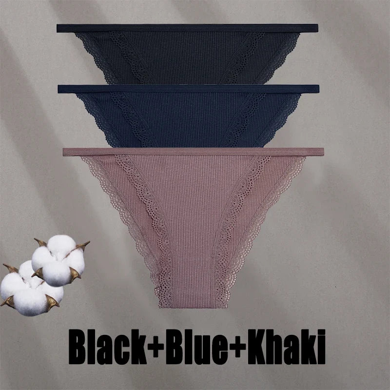 3PCS Women‘s Cotton Lace Panties Low Waist Briefs Comfortable Underwear Ladies Solid Color Underpants Girls Breathable Panty New
