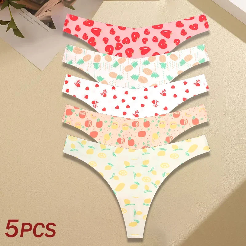 5Pcs Women Ultra-thin Seamless G-string Seamless Print Thongs Sexy Panties Ladies Soft Cute Thongs Female S-XL T-Back Panties