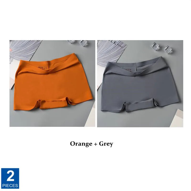 2pcs Seamless Women Boxers Underwear Ice Silk Shorts Solid Color Ladies Soft Boyshorts Plus Size M/L/XL
