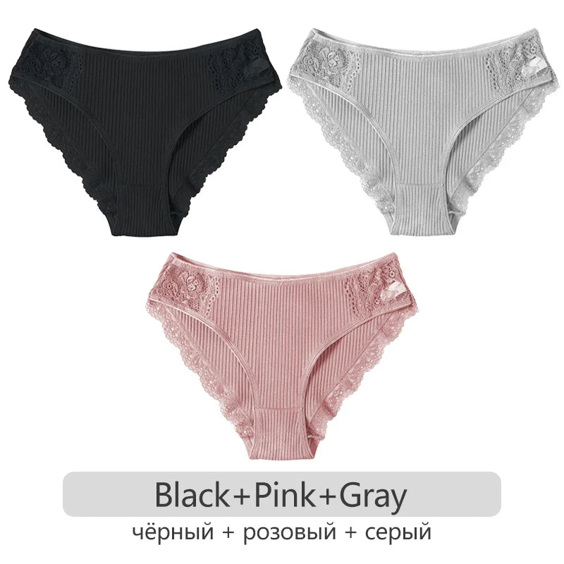 3Pcs/set Women's Cotton Panties M-2XL Trendy Patchwork Lace Underwear Female Low Waist Briefs Ladies Comfortable Underpants 2023