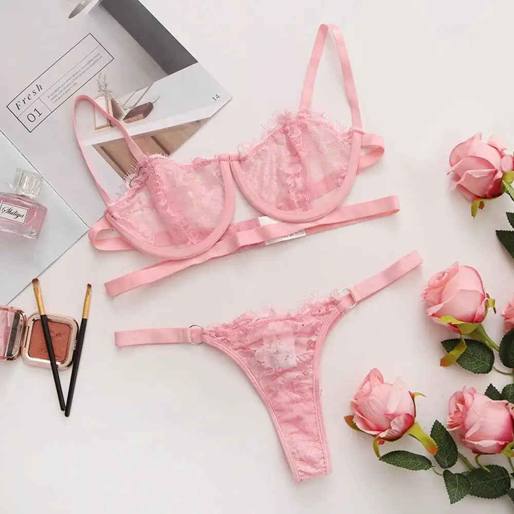 Thin Sexy Lingerie Bra Set  Erotic Push Up Breves Sets Woman Lace Transparent Underwear Embroidery Thong Kit Delicate Underwear