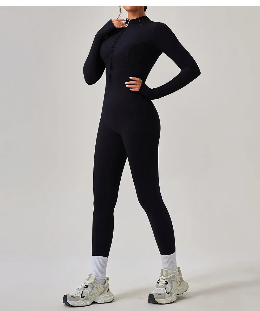 Women's Jumpsuits One-Piece Suit Yoga Set Zipper Long Sleeve Gym Push Up Workout Clothes Fitness Bodysuit Sportswear Tracksuit