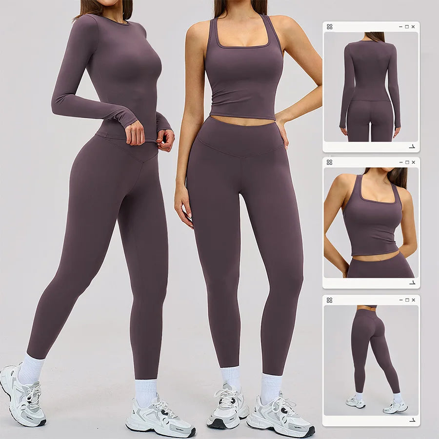 New Yoga Set 2PCS Gym Clothes Workout Outfits Women Long-sleeved T-shirt Sportswear Tracksuits Fitness Sports Vest Gym Leggings