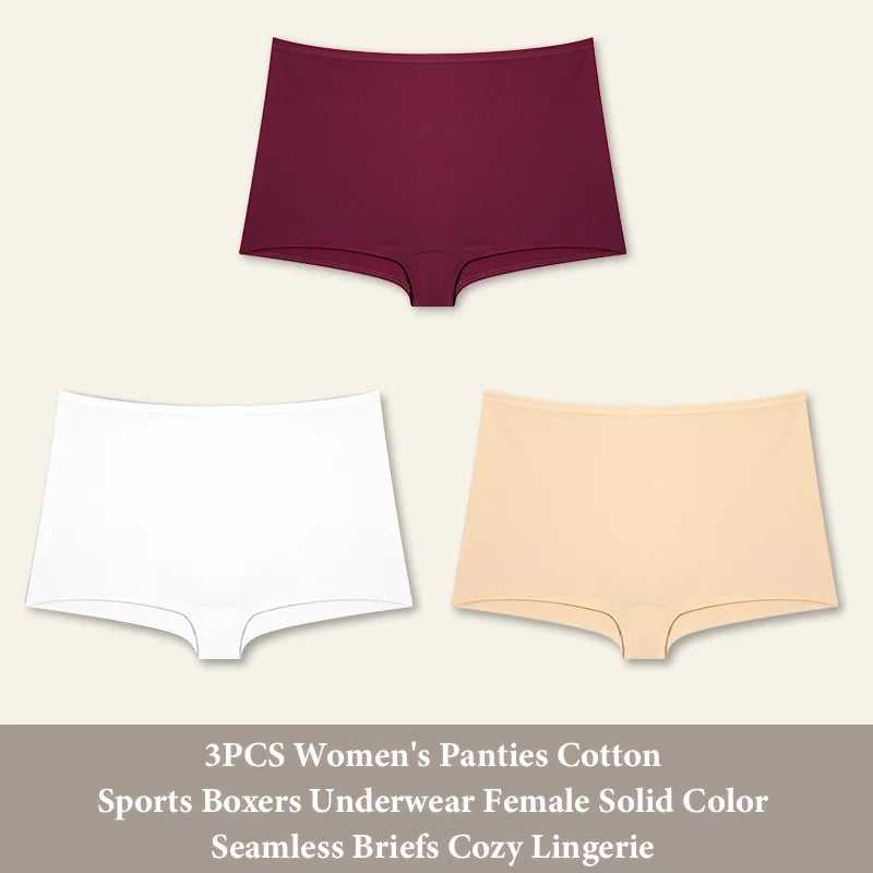 3PCS Women's  Cotton Seamless Panties Sports Boxers Underwear Female Solid Color Briefs Cozy Lingerie Intimate Underpants XS-XL
