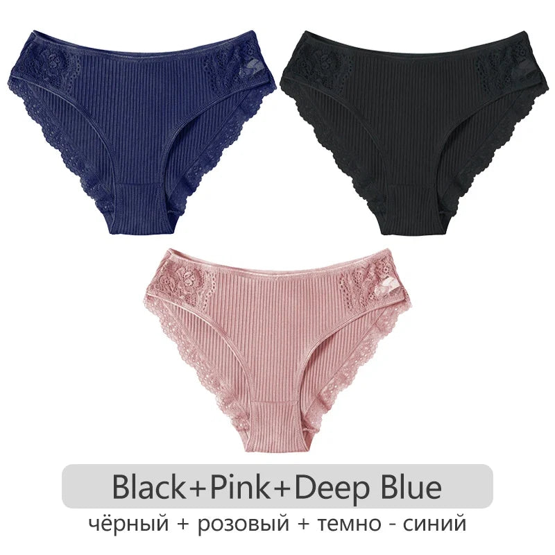 3Pcs/set Women's Cotton Panties M-2XL Trendy Patchwork Lace Underwear Female Low Waist Briefs Ladies Comfortable Underpants 2023