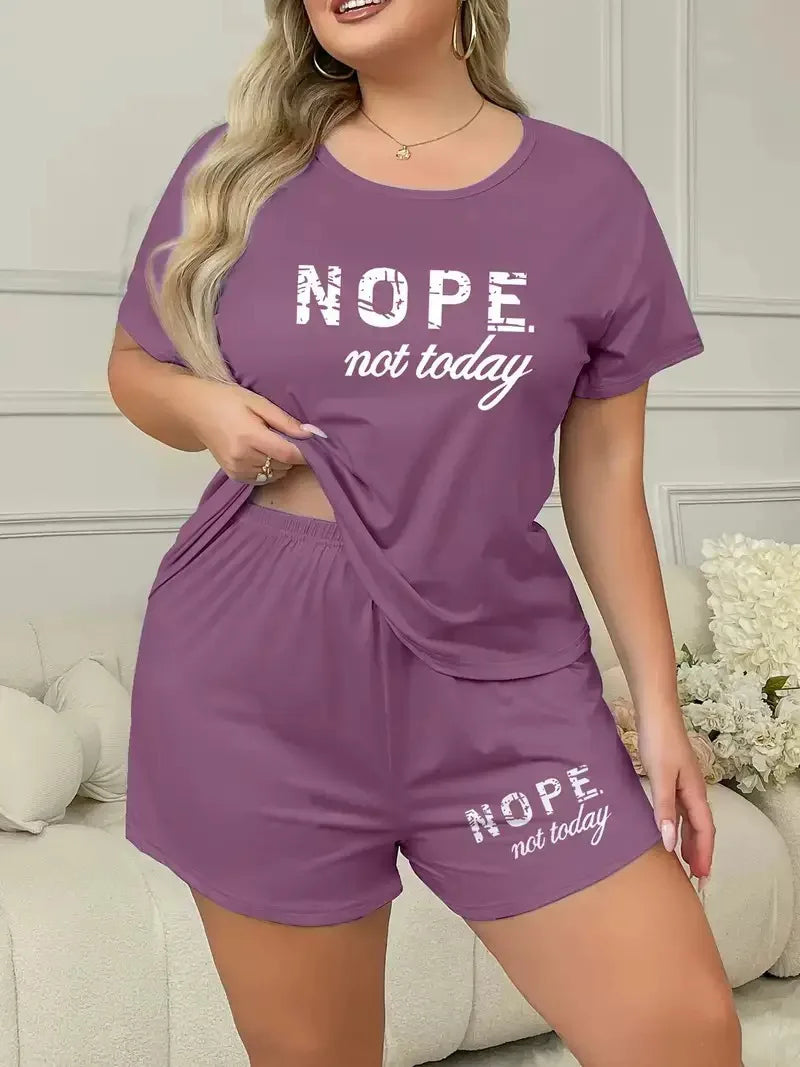 Letters Print Pajama Set Short Sleeve Tee And Elastic Shorts Plus Size Fit Women's Casual Attire Sports Wear Loungewear Homewear