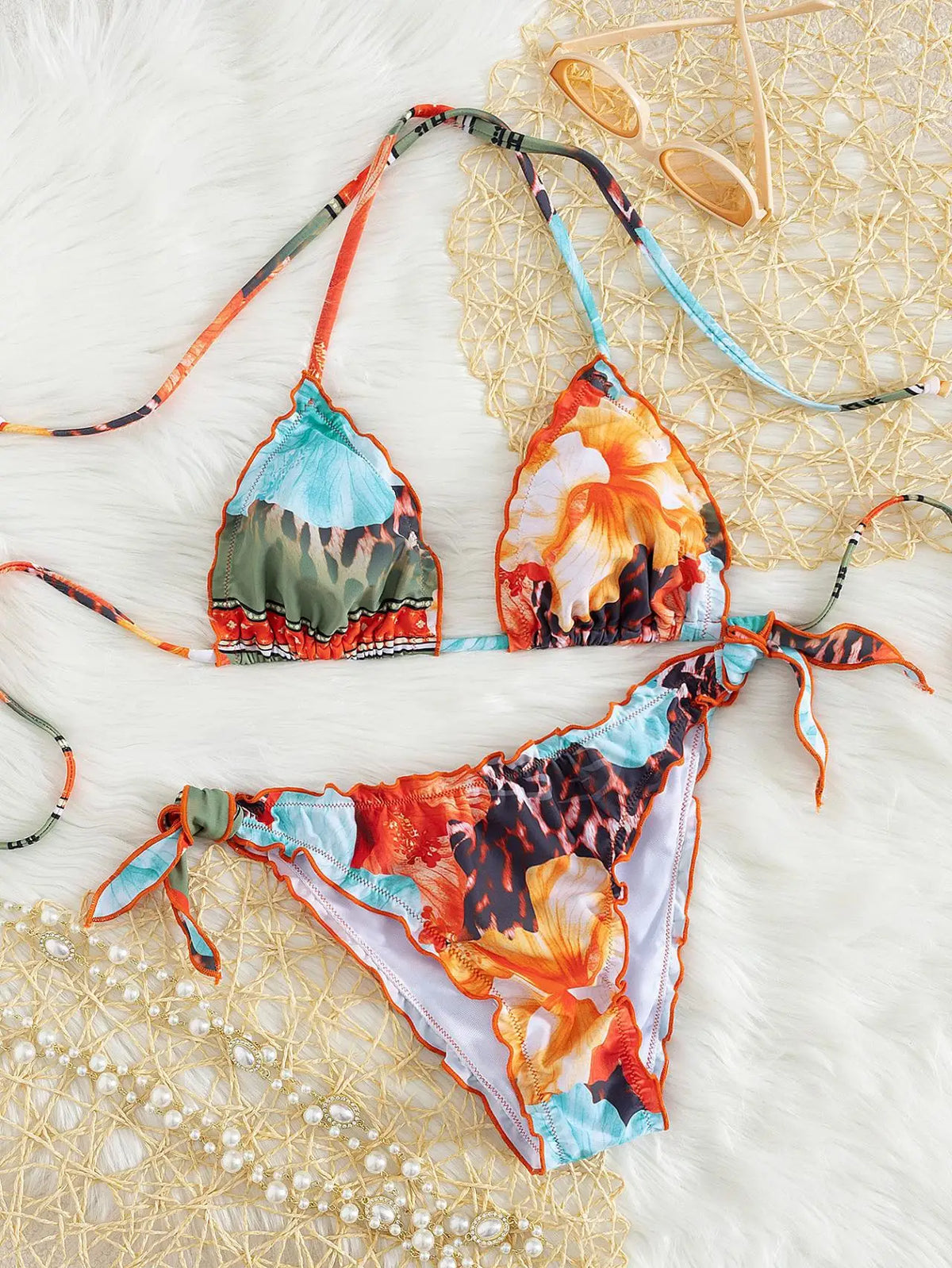 Cute Orange Floral Print Bikini Set Women Halter Ruffles Push Up Tie Side Thong Swimsuit 2026 Summer Bathing Suit Micro Swimwear