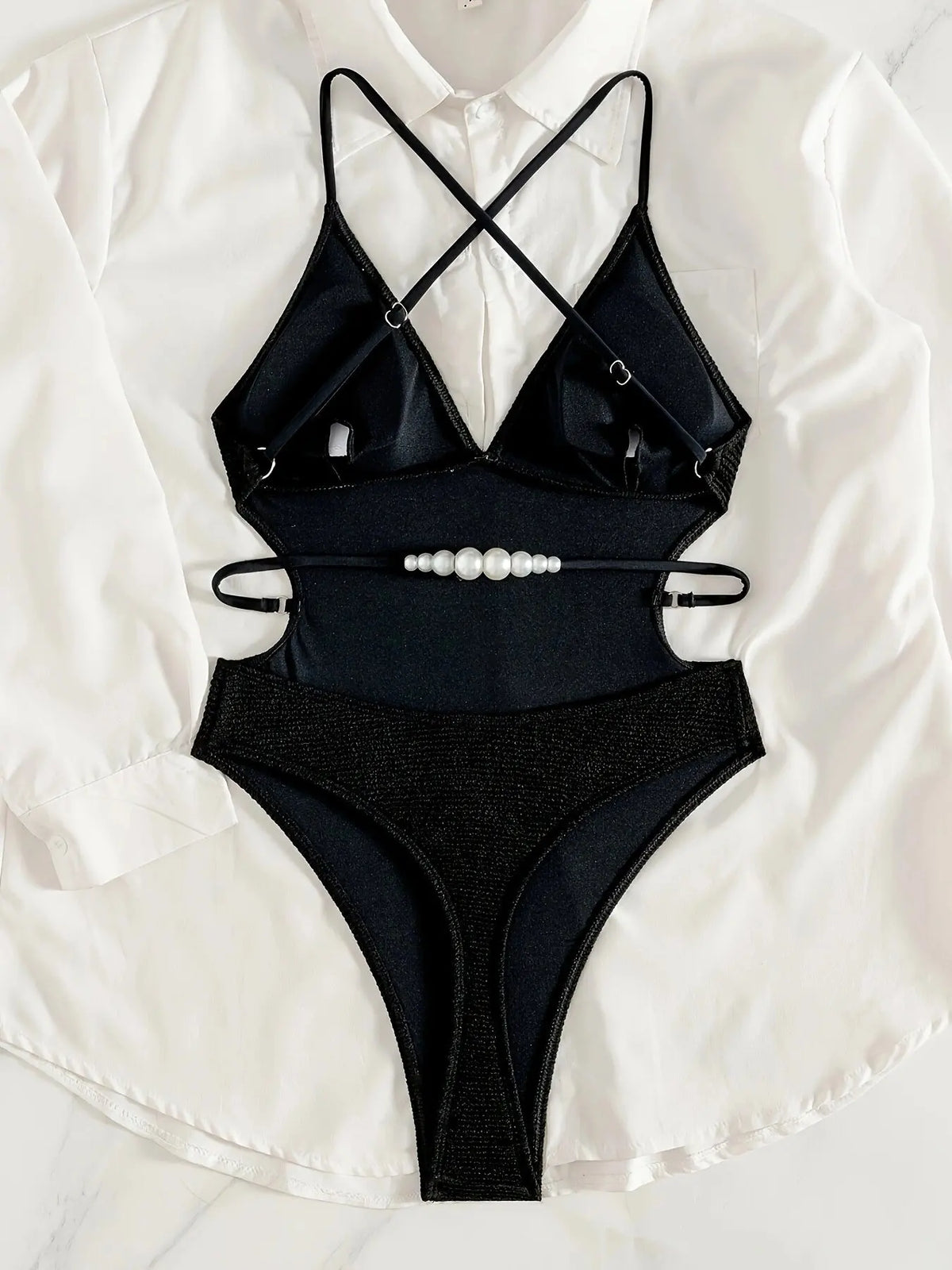 Luxury Pearl Bandage Cross Backless One Piece Swimsuit Women Sexy Black V Neck Slim Bathing Suit Holiday Swimwear 2026 Monokini