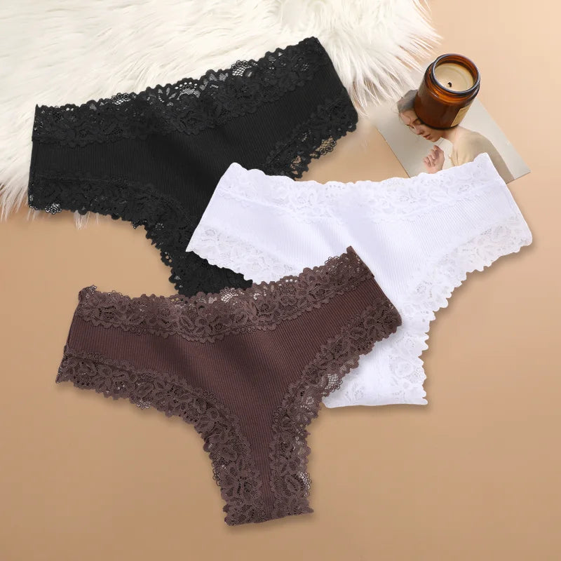 3Pcs Women Cotton Brazilian Pants Sexy Lace Brazilian Briefs Low Waist Floral Solid Color G-string Breathable Soft Lingerie
