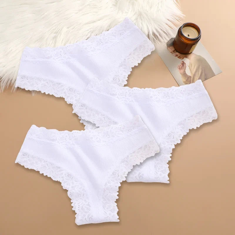 3Pcs Women Cotton Brazilian Pants Sexy Lace Brazilian Briefs Low Waist Floral Solid Color G-string Breathable Soft Lingerie