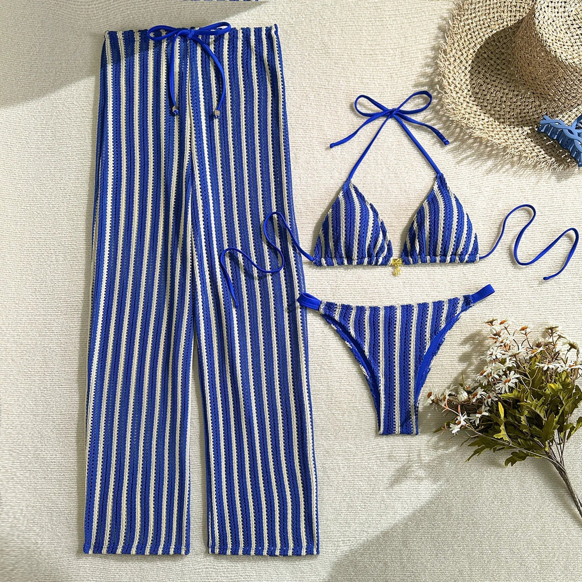 Vintage Red Striped Bikini Set 2026 Women Drawstring Long Panties 3 Piece Swimsuit Beach Holiday Bathing Suit Thong Swimwear