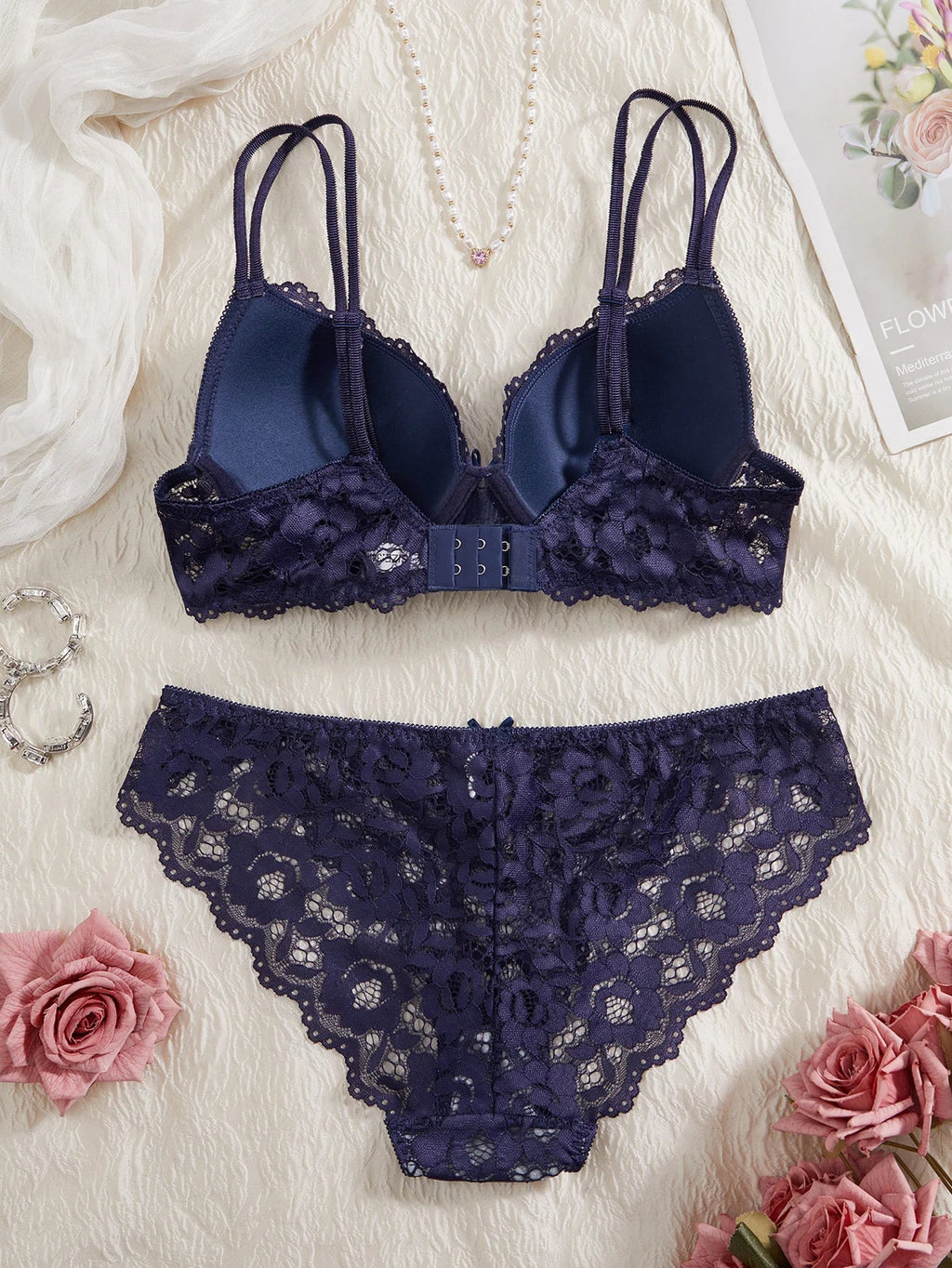 6-Piece Set Women's Bra and Panties Set Sexy Patterned Lace Patchwork No Lining Comfortable Fitting Women's Push-Up Bra Women's Underwear Set
