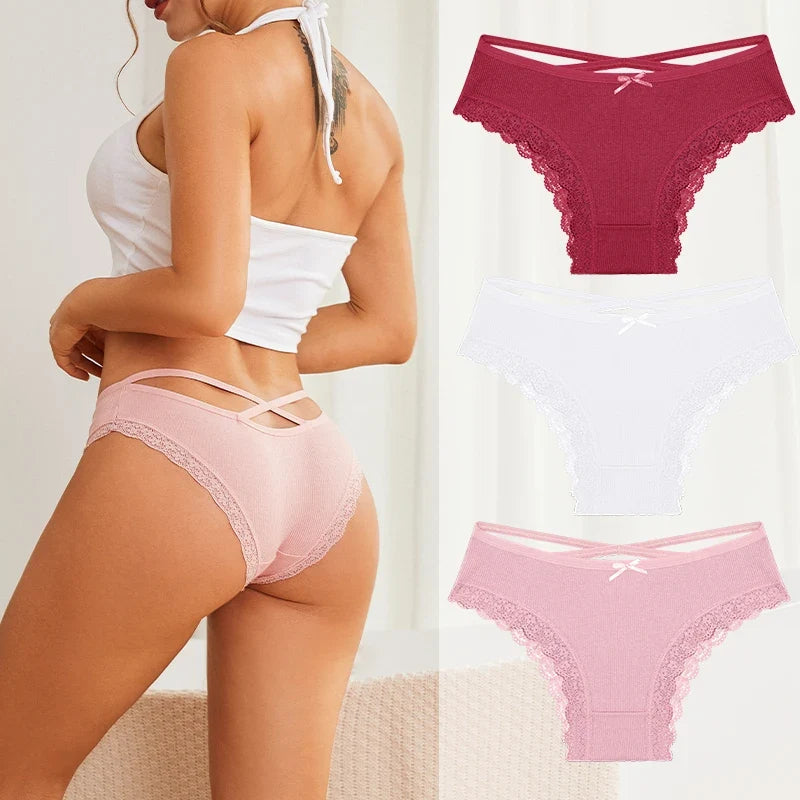 3PCS/Set Women Cotton Panties Low Waist Sexy Lace Brazilian Briefs Female Cross Webbing Underpants Soft Breathable Lingerie S-XL