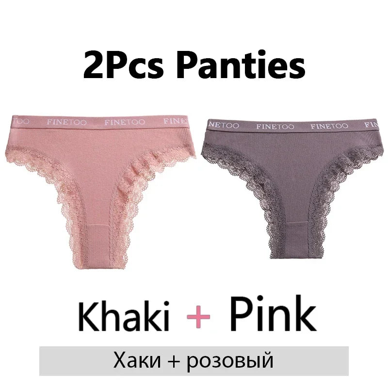 FINETOO 2Pcs/Set Women Cotton Brazilian Panties Plus Size M-2XL Lingerie Sexy Lace Underwear Low Rise Girls Intimates Underpants