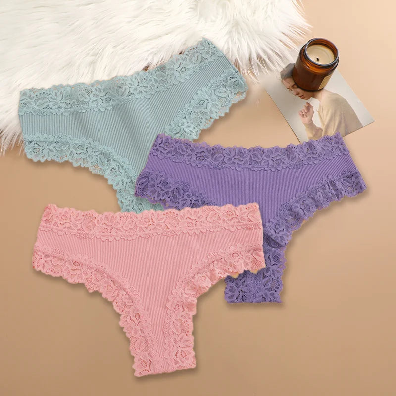 3Pcs Sexy Women Cotton Brazilian Pants Lace Brazilian Briefs Low Waist Floral Solid Color G-string Breathable Soft Lingerie