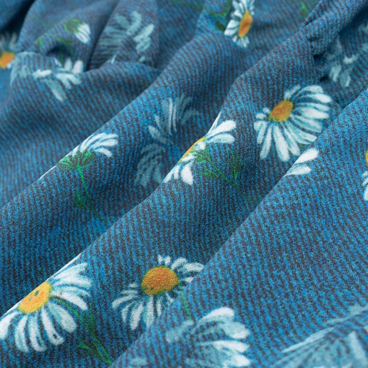 Teal Daisy Print Crop Blouse For Women Square Neck Sheer Puff Sleeves Ruffled Cuffs For Summer Evenings Garden Romantic RIOL