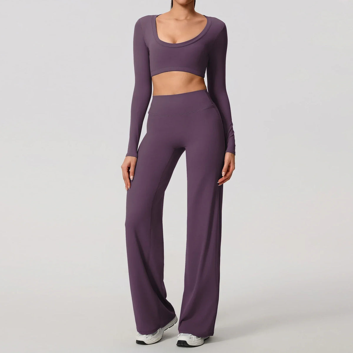 Hearuisavy Sports Set 2Pcs Women's  Long Sleeve Backless Fitted Fitness Top Push Up Pilates Yoga Top Wide Leg Straight Leg Pants