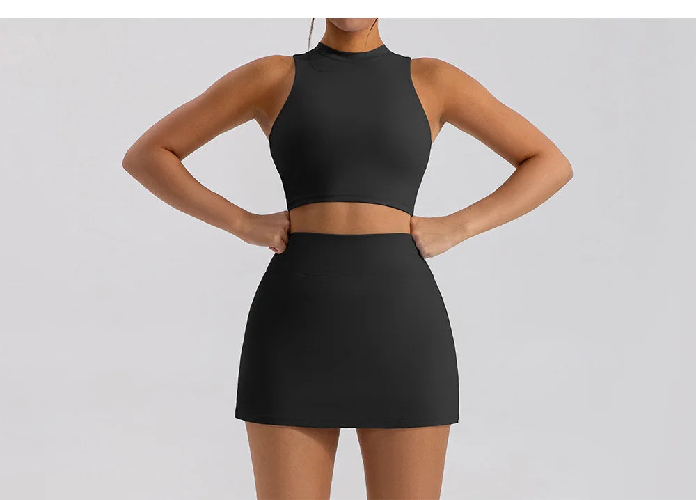 Sports Short Skirt Yoga Set 2PCS Women Tracksuit Gym Tennis Skirt Set Workout Sportswear Golf Dance Athletic Sport Suit