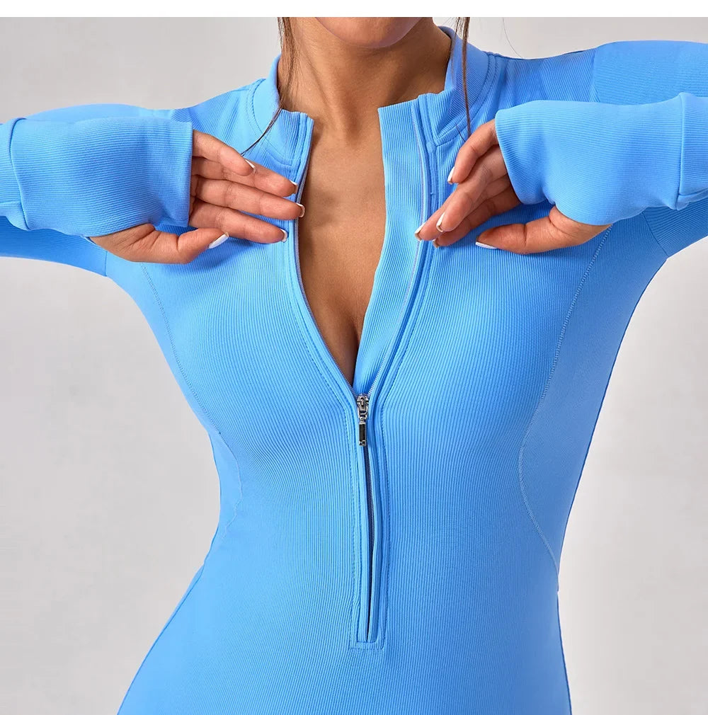 Women's Jumpsuits One-Piece Suit Yoga Set Zipper Long Sleeve Gym Push Up Workout Clothes Fitness Bodysuit Sportswear Tracksuit